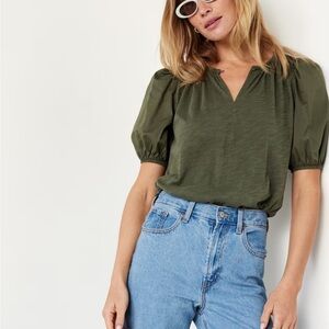 Old Navy Puff-Sleeve Slub-Knit Top Army Green Short Sleeved